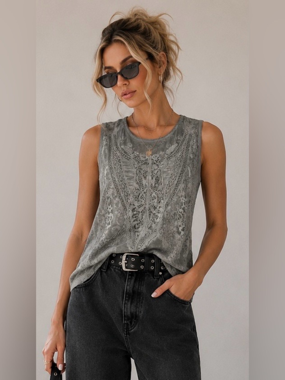 Free People Gray Lace Tank Top Button Back Boho Sleeveless M